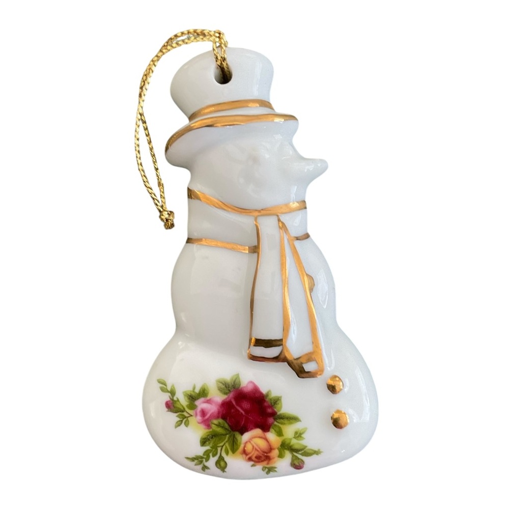 ROYAL ALBERT OLD COUNTRY ROSES Snowman Ornament with 24k Gold and Floral Design